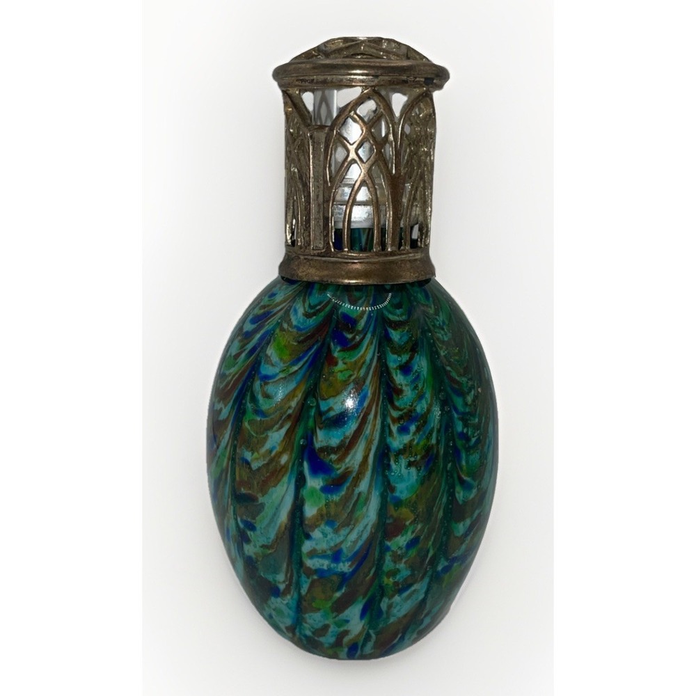 Vintage Peacock Artglass Oil Lamp Catalytic Diffuser Brass Top With Wick